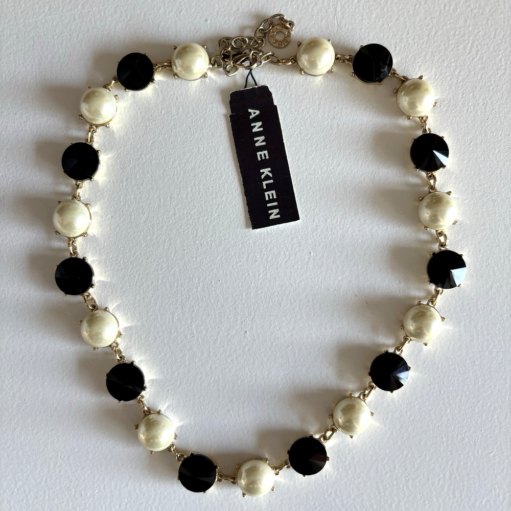 Anne Klein Necklace Faux Pearl Black Cabochon Gold Tone Classic Preppy Chic 15"